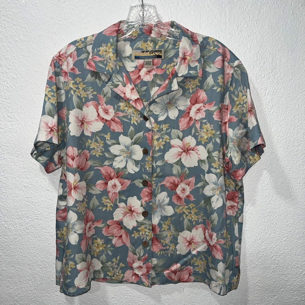 Vintage Sunset Cove Blouse Petite Women's Size L Hawaiian Retro Blue Pink